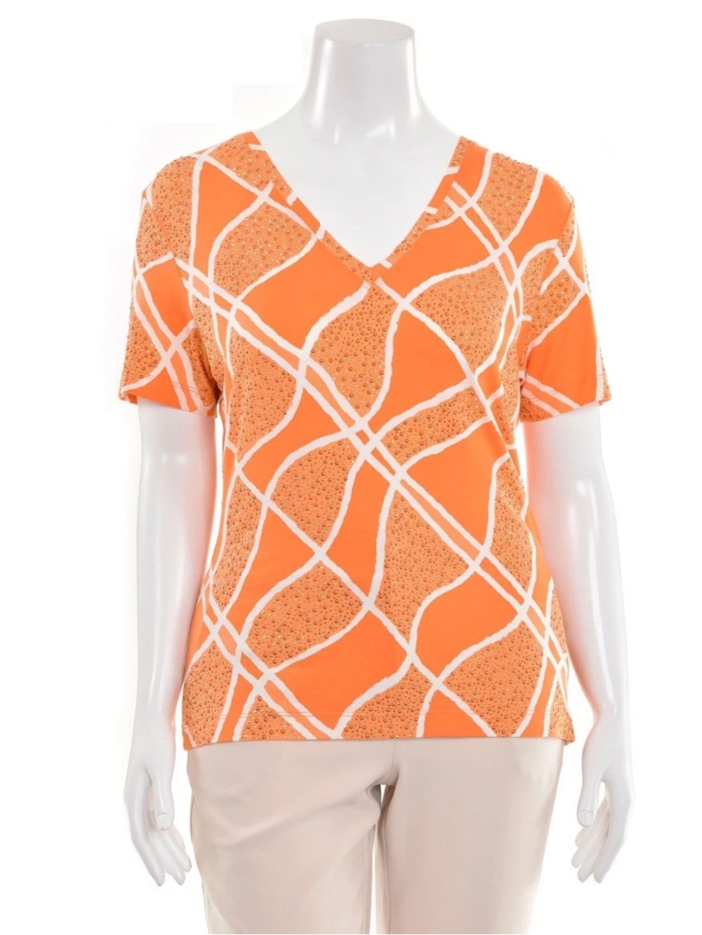 St John Knit Orange Multi Gold Crystal/Pearl Stretch Jersey T-Shirt Top